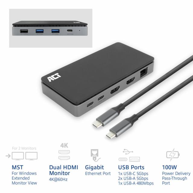 ACT Докинг станция USB-C, 4K, 2 x HDMI, Ethernet, USB-C, 3x USB-A 