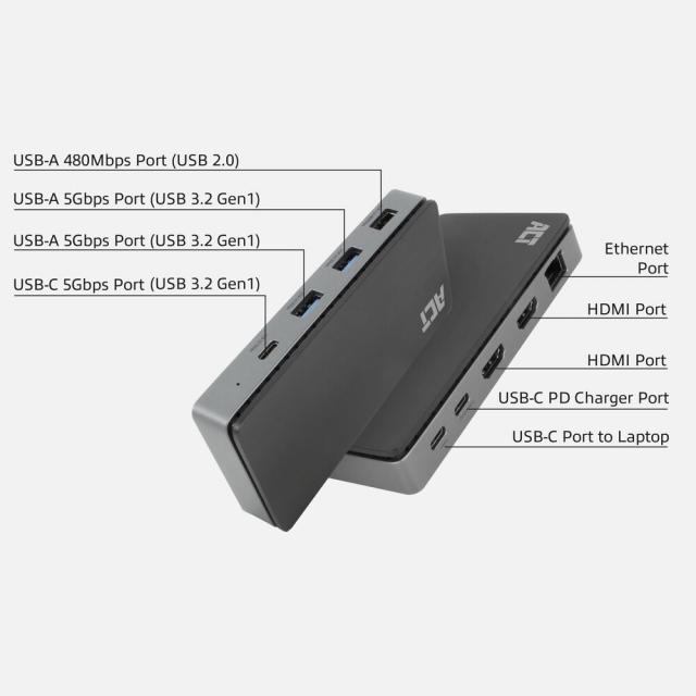 ACT Докинг станция USB-C, 4K, 2 x HDMI, Ethernet, USB-C, 3x USB-A 
