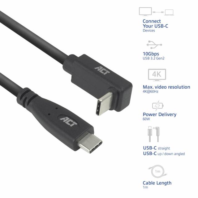 ACT Кабел USB-C - USB-C, 10Gbps, 60W, 1 м, конектори - 1 x прав и 1 x на 90° up/down angled 