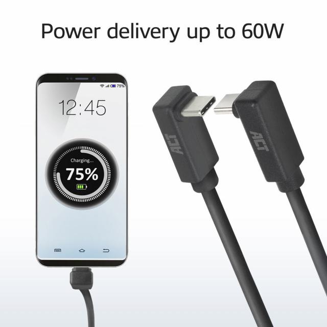 ACT Кабел USB-C - USB-C, 2м, 10Gbps 60W, ъглов нагоре/надолу 