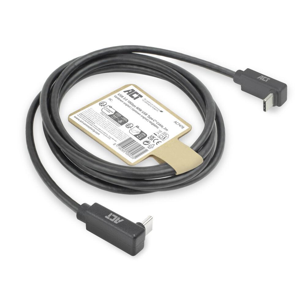 ACT Кабел USB-C - USB-C, 2м, 10Gbps 60W, ъглов нагоре/надолу