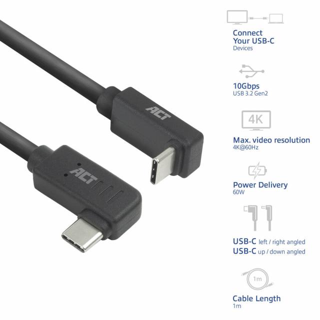 ACT Кабел USB-C - USB-C, 10Gbps, 60W, 1 m, конектори 90° left/right, up/down angled 