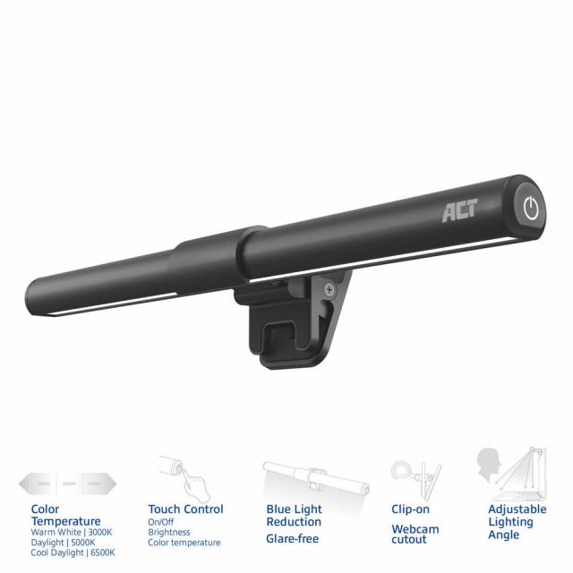 ACT LED laptop lamp with adjustable brightness and clip, USB power supply 