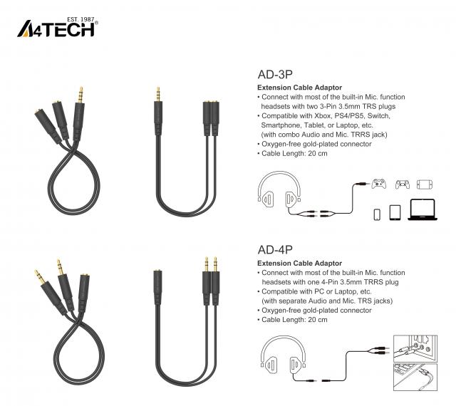 A4Tech Адаптер AD-3P 3.5mm жак мъжко - 2 х 3.5мм жак женско 