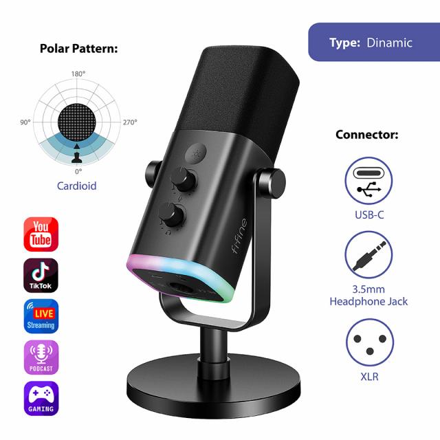 Настолен микрофон FIFINE AM8 Dynamic RGB XLR/USB- Black 