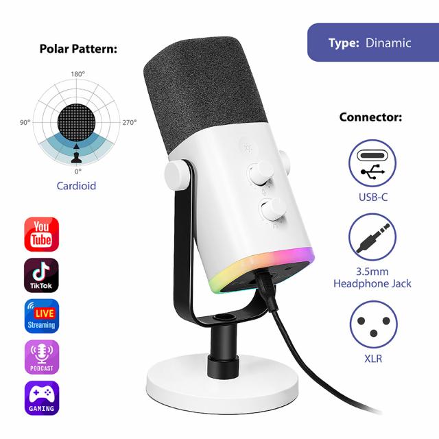 Настолен микрофон FIFINE AM8 Dynamic RGB XLR/USB - White 