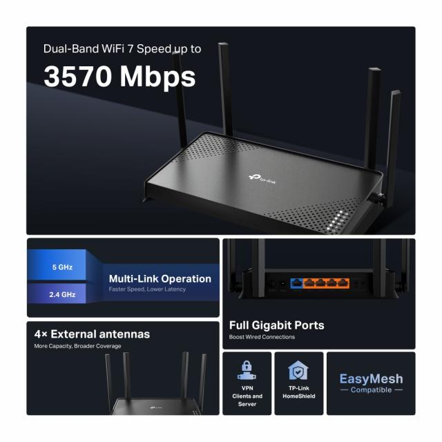 Безжичен рутер TP-Link Archer BE220 Dual-Band Wi-Fi 7 