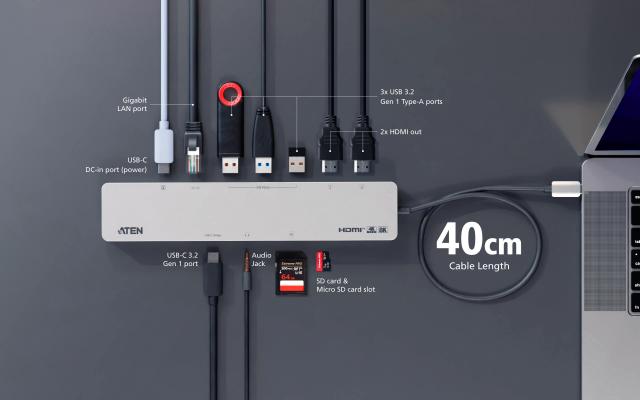 ATEN Докинг 11-in-1 USB-C Multiport Dock + Power Pass-Through, 2 x HDMI, LAN,3.5mm, USB-C, SD Card , microSD, 3 x USB 3.2 