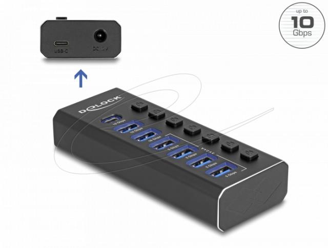 Delock USB Хъб, 7 портa, 10 Gbps, 6 x USB-A, 1 x USB-C 