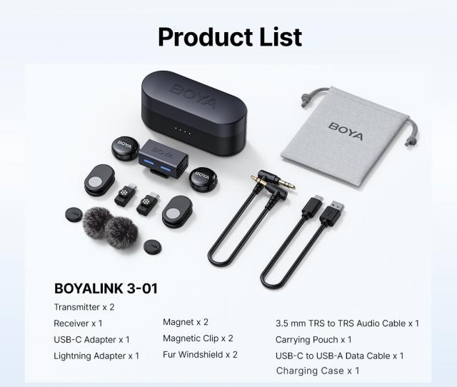 Безжична система микрофони BOYA BOYALINK 3-01 with lightning+USB-C +3.5mm TRS plug 