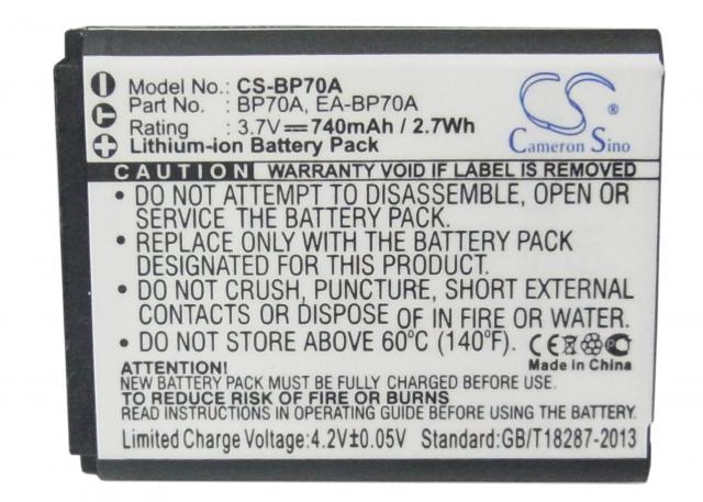 Camera Battery for Samsung BP70A, Li-Ion 3.7V, 740mAh, Cameron Sino 