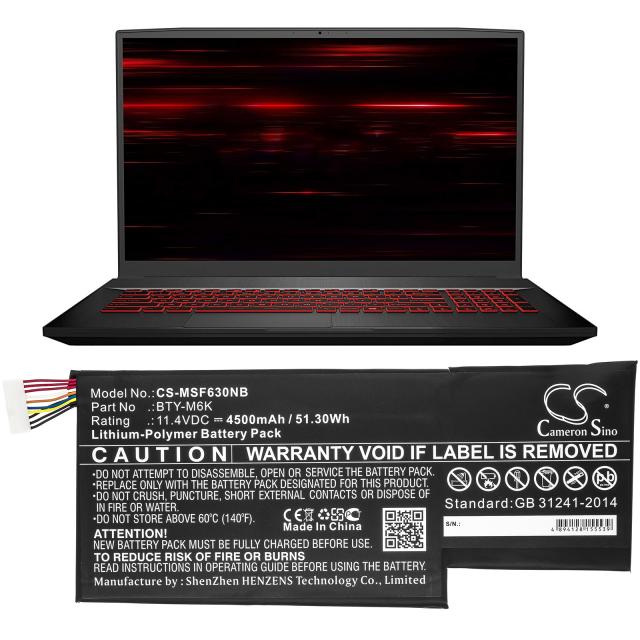 Laptop Battery for MSI GF63 , GF75, GS63, GS73  BTY-M6K  LiPo 11.4V 4500 mAh CAMERON SINO 