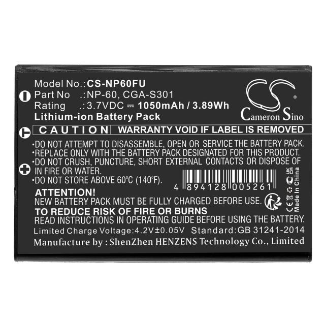 Camera Battery for FUJI NP60 LiIon 3.7V 1050mAh Cameron Sino 