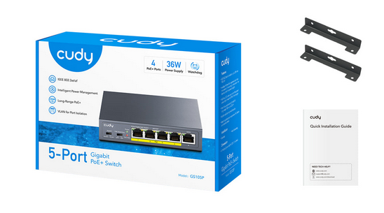 Суич Cudy GS105P , 5x портов POE метален корпус+Switch 36W, неуправляем 