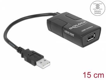 Delock USB Isolator with 5 kV Isolation, 1 x USB 1.1 type-A male (host), 1 x USB 1.1 type-A female (device, 1 x DC jack, 15cm