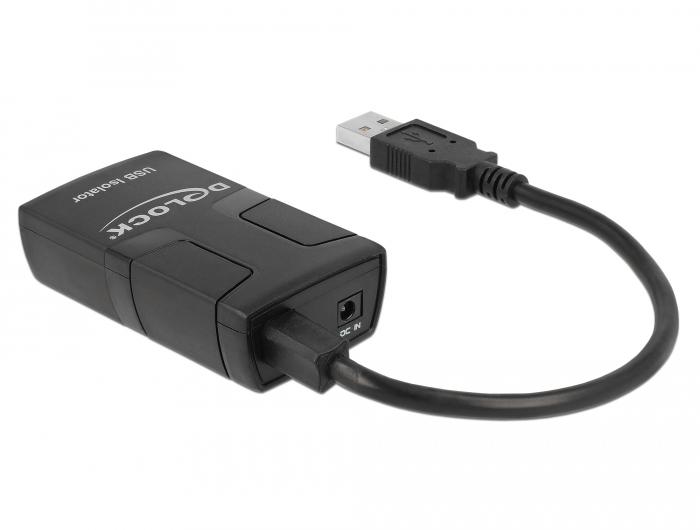 Адаптер Delock USB Isolator with 5 kV Isolation, 1 x USB 1.1 type-A male (host), 1 x USB 1.1 type-A female (device, 1 x DC jack, 15cm