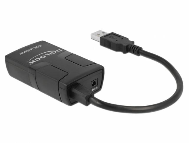 Delock USB Isolator with 5 kV Isolation, 1 x USB 1.1 type-A male (host), 1 x USB 1.1 type-A female (device, 1 x DC jack, 15cm 
