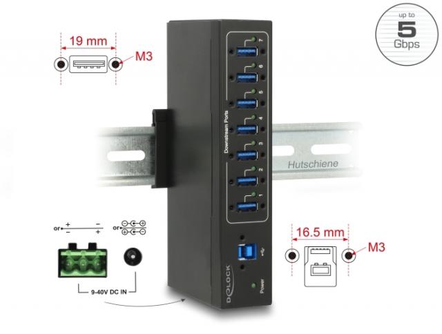 Външен индустриален хъб Delock, 7 x USB 3.0 Type-A с 15 kV ESD защита 