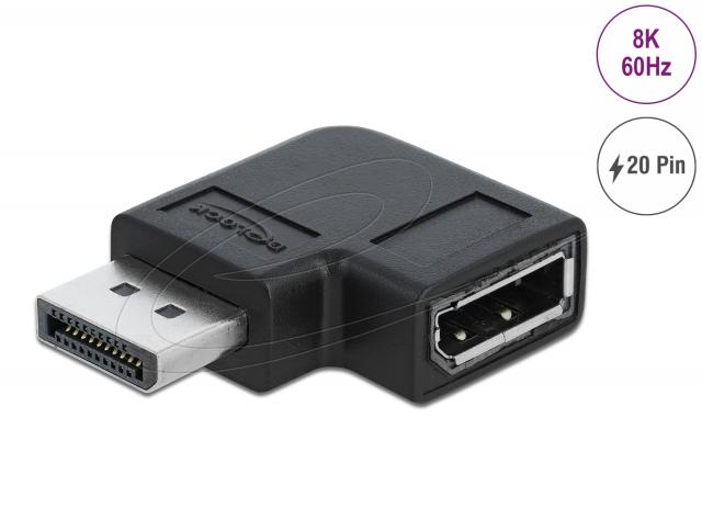 Адаптер Delock 90° DisplayPort 1.4 , 20 pin  мъжко (male) към  DisplayPort 1.4 20 pin женско (female), 8К 7680 x 4320 @ 60 Hz with DSC support 