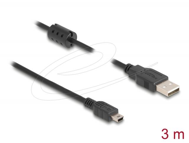 Кабел Delock USB 2.0 мъжко към mini-B USB 2.0  мъжко, двойно екраниран, трансфер до 480 Mb/s, 3.0м,  Черен 