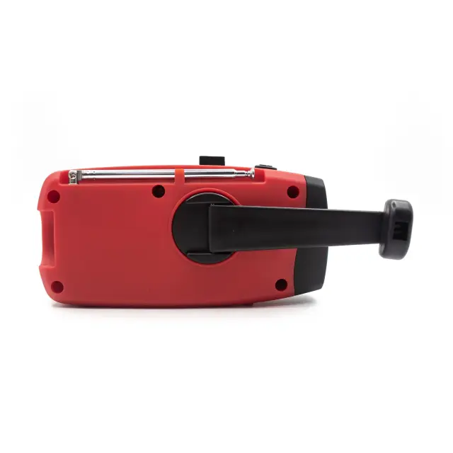 Denver SCR-2007 emergency radio with solar charging, hand crank, built-in flashlight, and SOS alarm. 