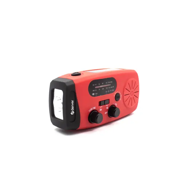 Denver SCR-2007 emergency radio with solar charging, hand crank, built-in flashlight, and SOS alarm. 