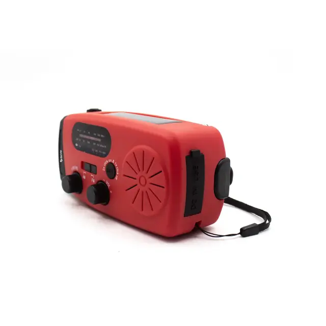 Denver SCR-2007 emergency radio with solar charging, hand crank, built-in flashlight, and SOS alarm. 