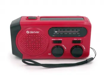 Denver SCR-2010MK2 emergency AM/FM radio with solar charging, hand crank, built-in flashlight, and SOS siren
