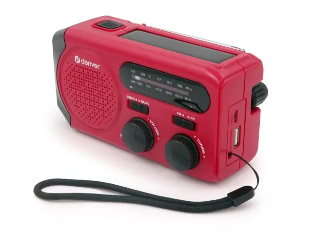 Denver SCR-2010MK2 emergency AM/FM radio with solar charging, hand crank, built-in flashlight, and SOS siren 