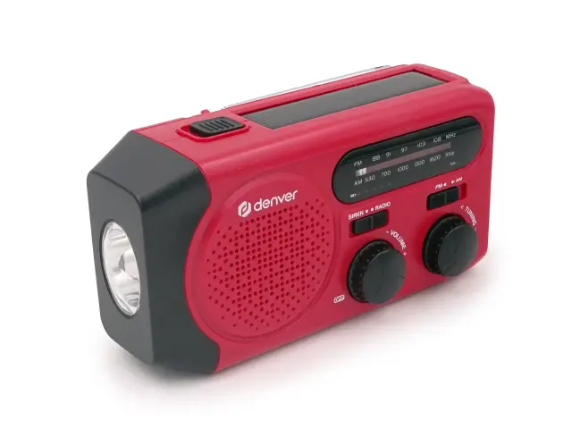 Denver SCR-2010MK2 emergency AM/FM radio with solar charging, hand crank, built-in flashlight, and SOS siren 
