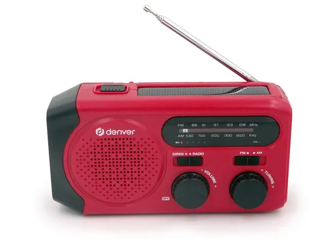 Denver SCR-2010MK2 emergency AM/FM radio with solar charging, hand crank, built-in flashlight, and SOS siren 