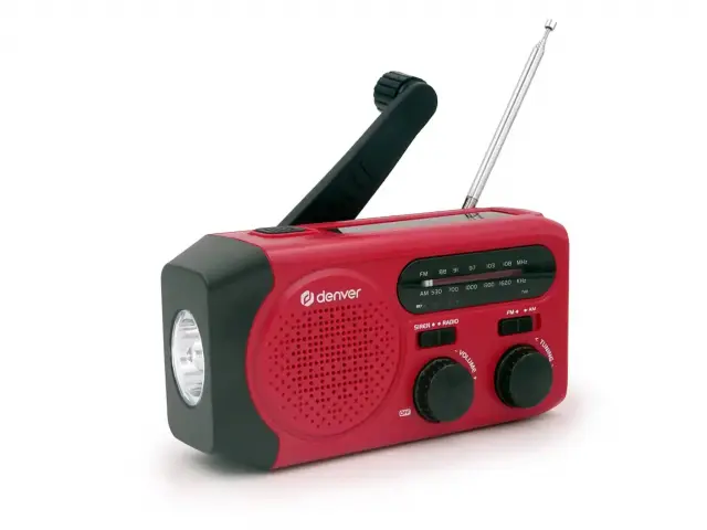 Denver SCR-2010MK2 emergency AM/FM radio with solar charging, hand crank, built-in flashlight, and SOS siren 
