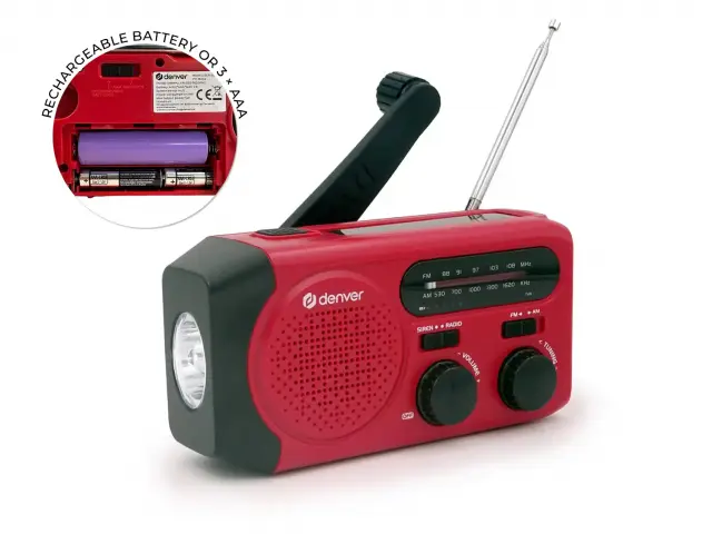 Denver SCR-2010MK2 emergency AM/FM radio with solar charging, hand crank, built-in flashlight, and SOS siren 