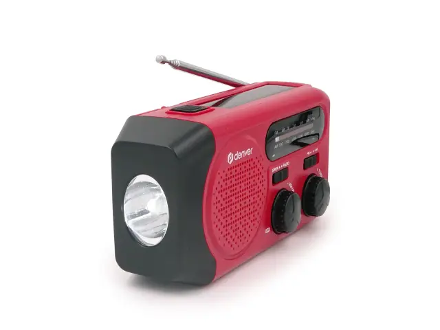 Denver SCR-2010MK2 emergency AM/FM radio with solar charging, hand crank, built-in flashlight, and SOS siren 