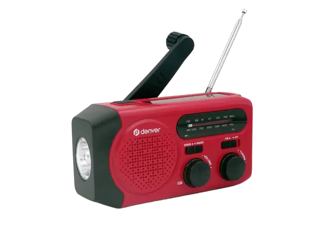 Denver SCR-2010MK2 emergency AM/FM radio with solar charging, hand crank, built-in flashlight, and SOS siren 