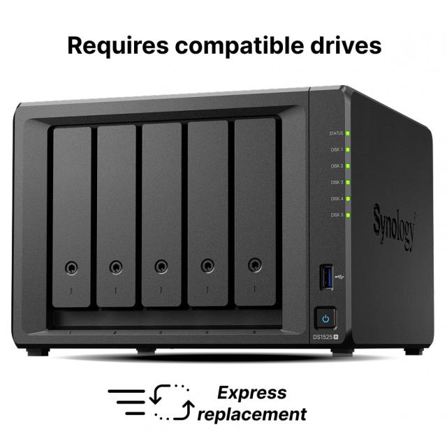 Мрежов сторидж Synology NAS DS1525+, за 5 диска, AMD Ryzen V1500B, 8GB DDR4 SODIMM 