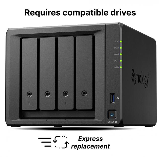 Мрежов сторидж Synology NAS DS925+, за 4 диска, AMD Ryzen V1500B, 4GB DDR4 SODIMM 