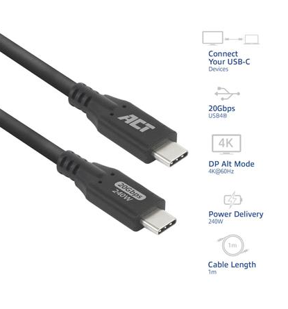 ACT Кабел USB-C - USB-C, 1 м / USB4, 20Gbps, 240W 