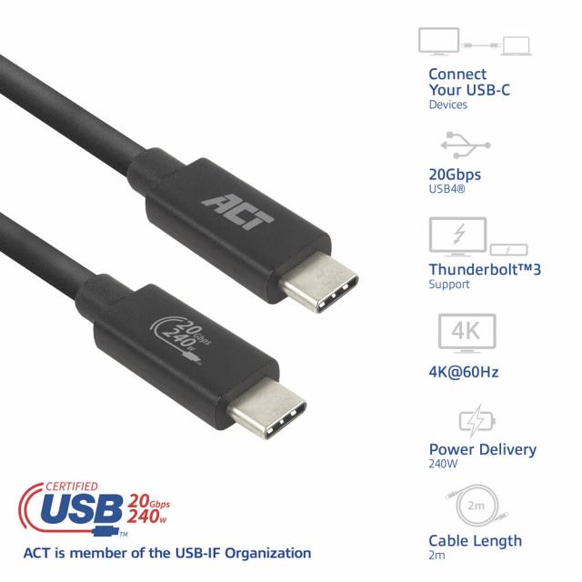 ACT Кабел USB-C - USB-C, 2 м / USB4, 20Gbps, 240W, сертифициран USB-IF 