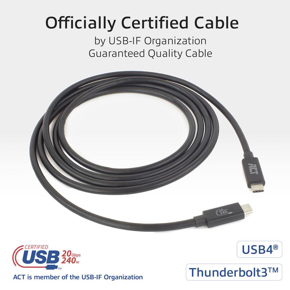 ACT Кабел USB-C - USB-C, 2 м / USB4, 20Gbps, 240W, сертифициран USB-IF