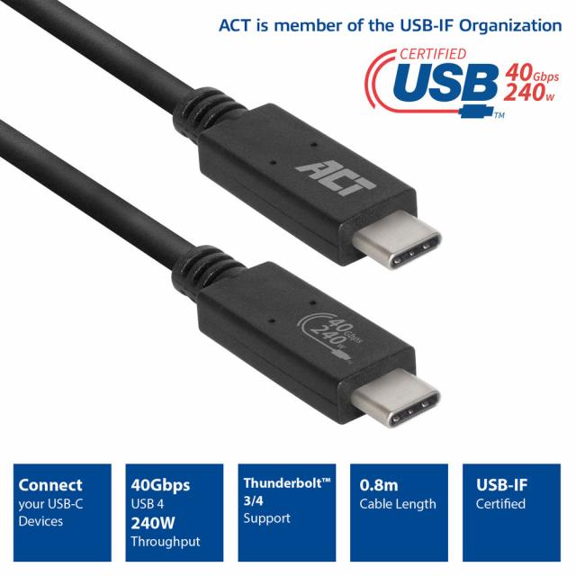 ACT Кабел USB-C - USB-C, 0.8 м / USB4, 40Gbps, 240W, сертифициран USB-IF 