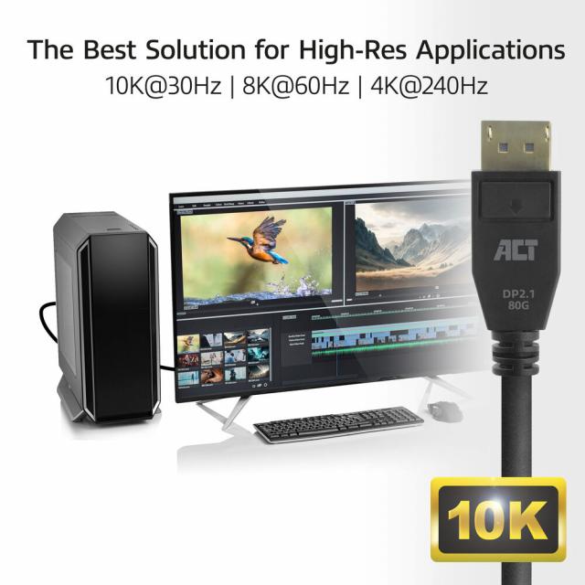 ACT Кабел Display port 2.1 мъжко-мъжко,8К@60Hz,4k@240Hz, 1м, черен 