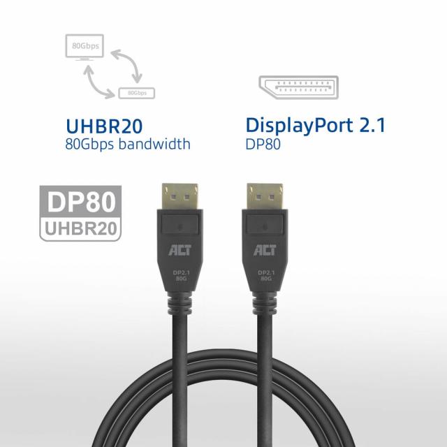 ACT Кабел Display port 2.1 мъжко-мъжко,8К@60Hz,4k@240Hz, 2м, черен 