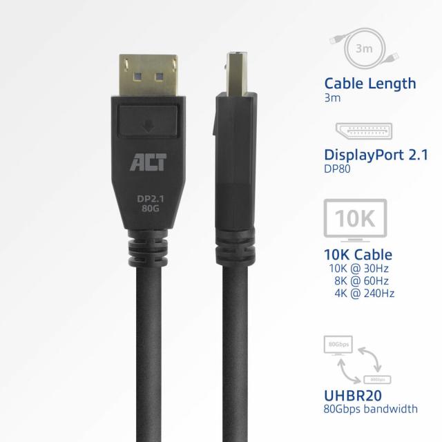 ACT Кабел Display port 2.1 мъжко - HDMI-A мъжко, 3м, черен, булк опаковка 