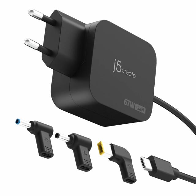 j5create Зарядно 67W GaN PD USB-C® Mini Charger с 4.5 mm 3 вида DC конвертора 