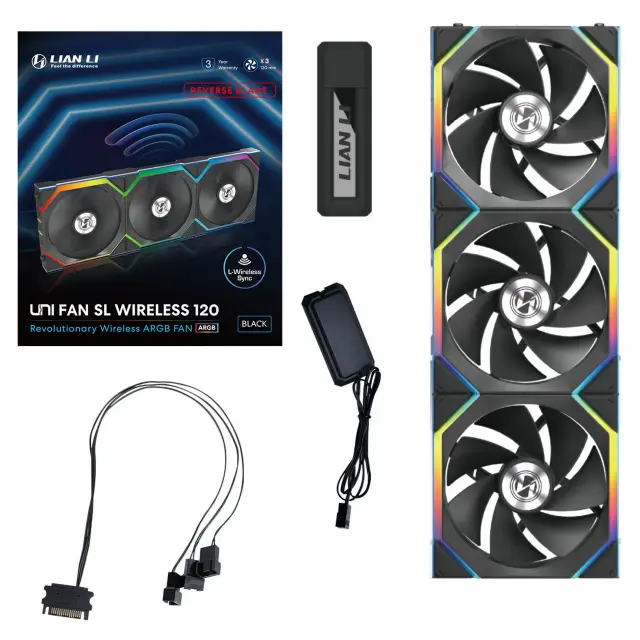 Triple Pack Lian Li UNI FAN SL Wireless ARGB PWM Reverse Blade - 120 mm Black + Controller 