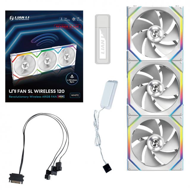 Triple Pack Lian Li UNI FAN SL Wireless ARGB PWM Reverse Blade - 120 mm White + Controller 