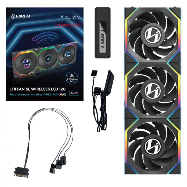 Triple Fan Pack Lian Li UNI FAN SL Wireless LCD ARGB PWM Reverse Blade - 120 mm Black 