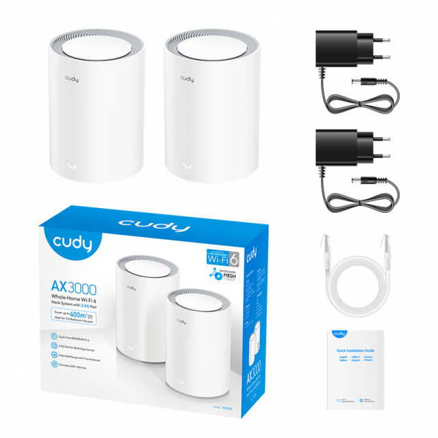 Безжична MESH система Cudy M3000, 2 броя, AX3000 Dual Band, 2.4/5 GHz, 574 -  2402 Mbps 