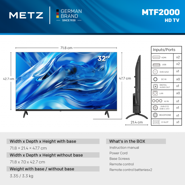 METZ Телевизор 32" LED HD TV 1366x768, 2x10W 